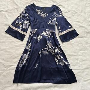 Y2K Bebe Navy blue silk dress with floral print and bow detail Size small
